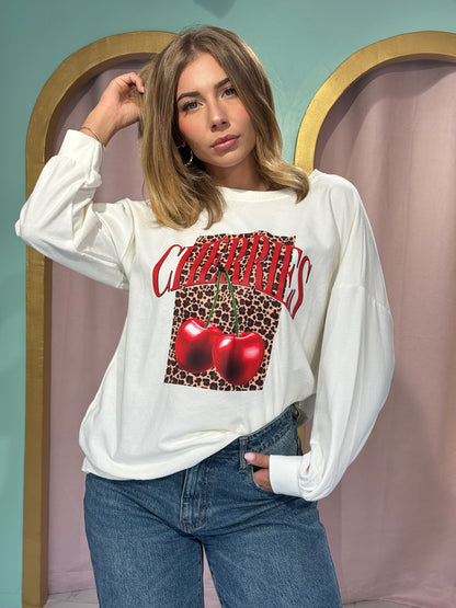 Sweat Loose Blanc “Cherries” avec cerises et  Léopard