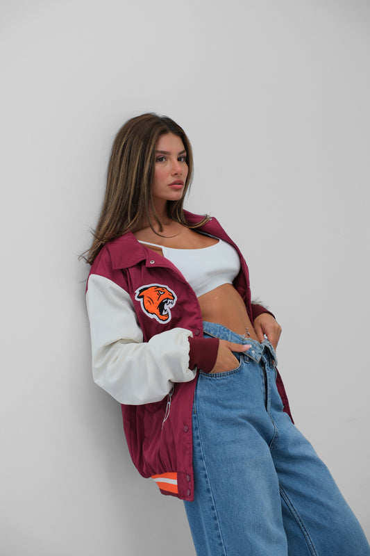 Blouson college brodé bicolore avec poches bordeaux