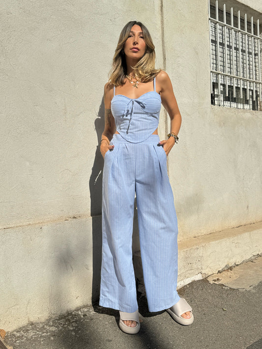 Ensemble Rayé Top Corsé et Pantalon Loose – bleu