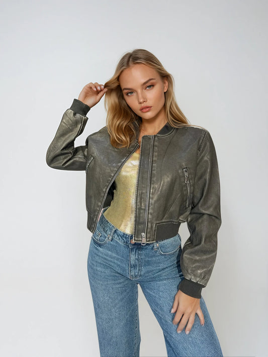 Veste Bombers en Simili Cuir Vieilli gris – Inspiration Années 80