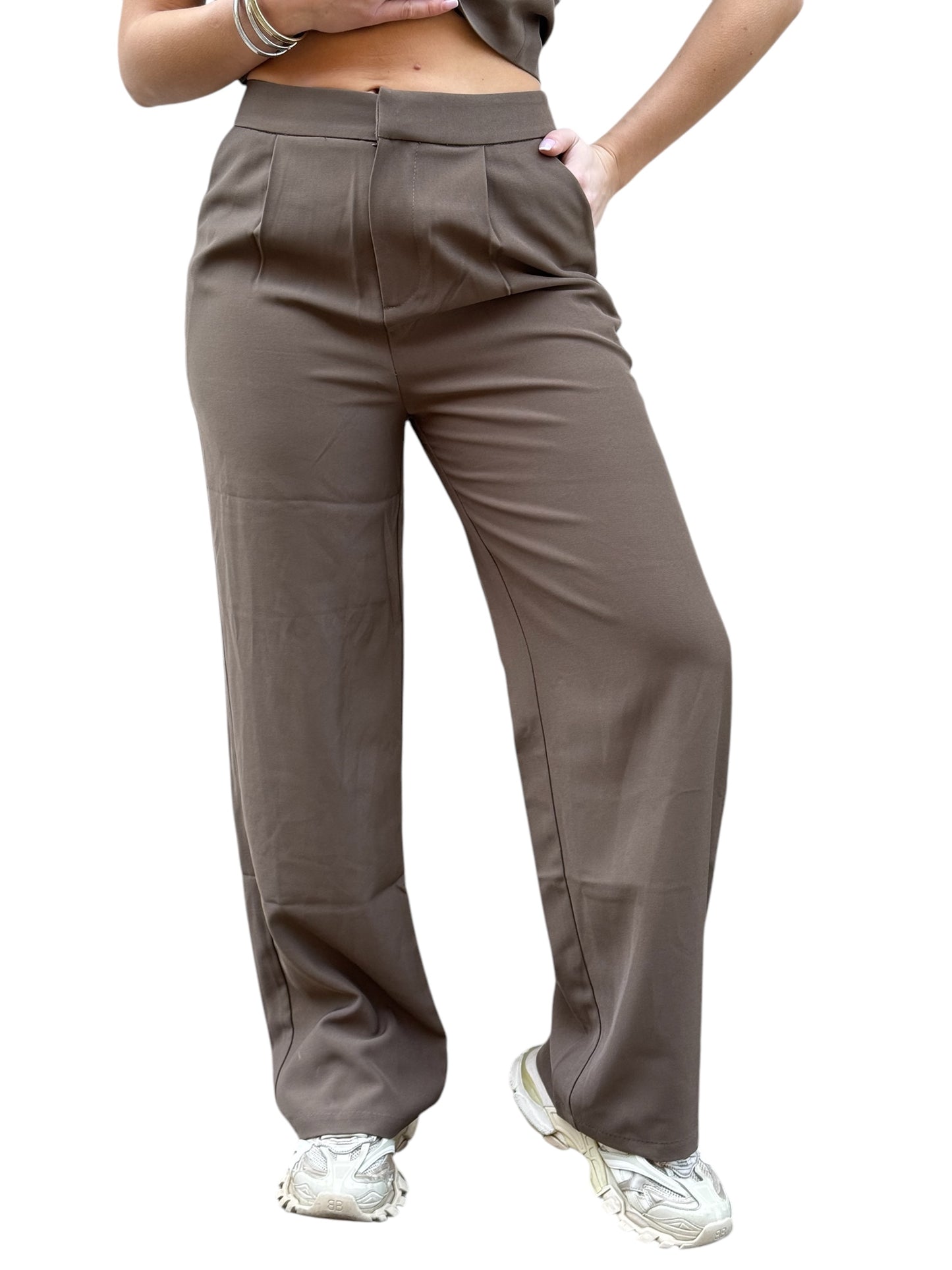 Pantalon Tailleur Taupe Loose Taille Haute