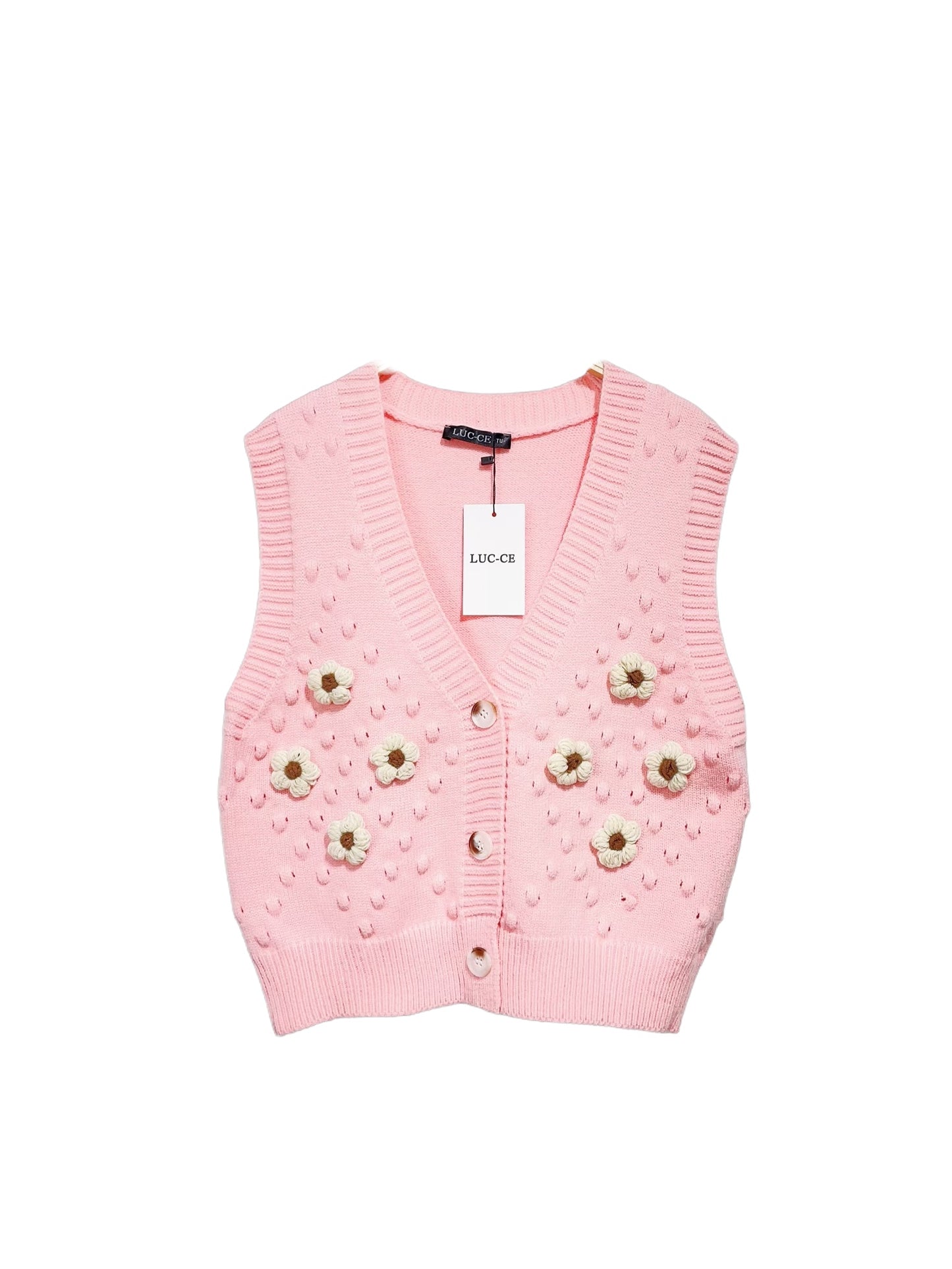 Gilet pull sans manches marguerites rose