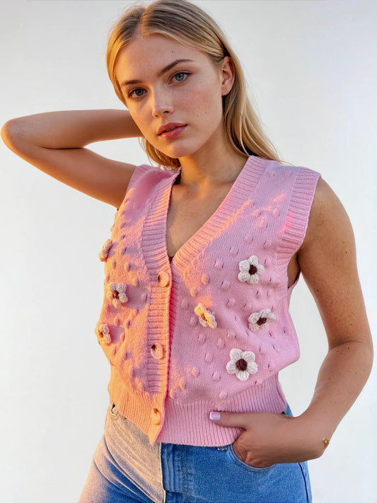 Gilet pull sans manches marguerites rose