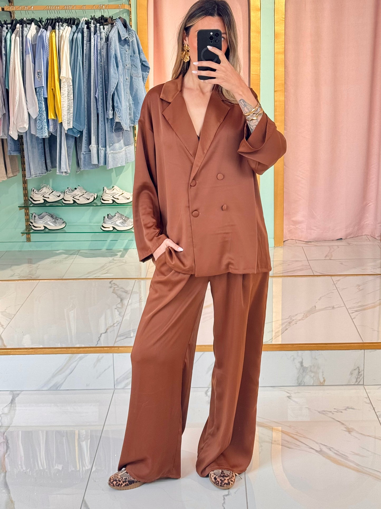 Pantalon d’ensemble Palazzo Satiné marron