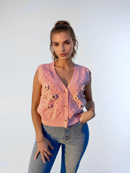 Gilet pull sans manches marguerites rose