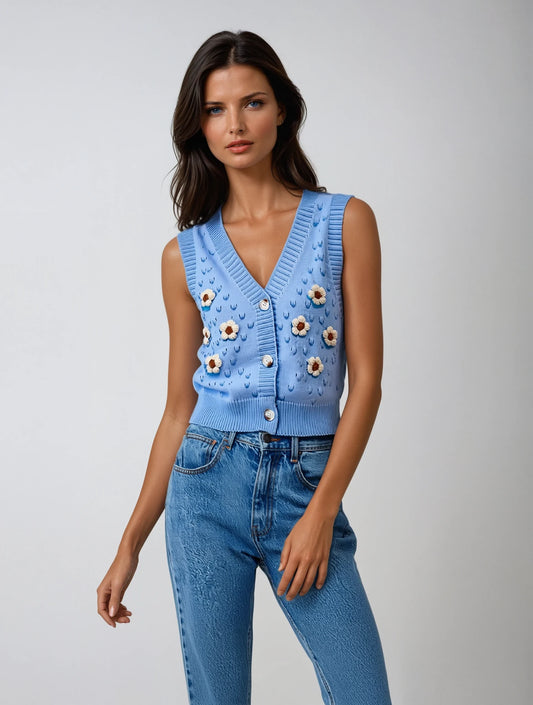 Gilet pull sans manches marguerites bleu