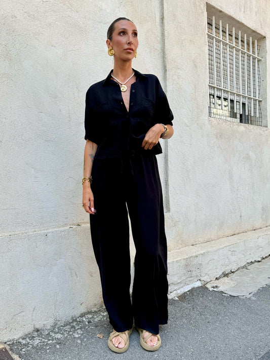 Ensemble blouse saharienne + pantalon ample noir