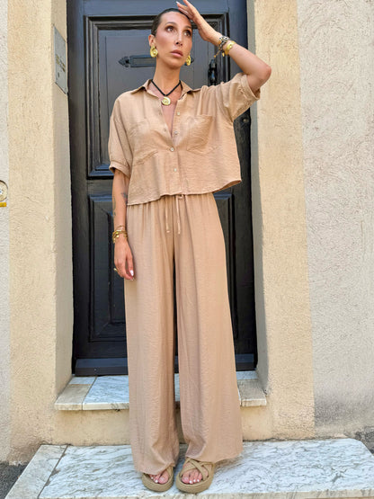 Ensemble blouse saharienne + pantalon ample beige