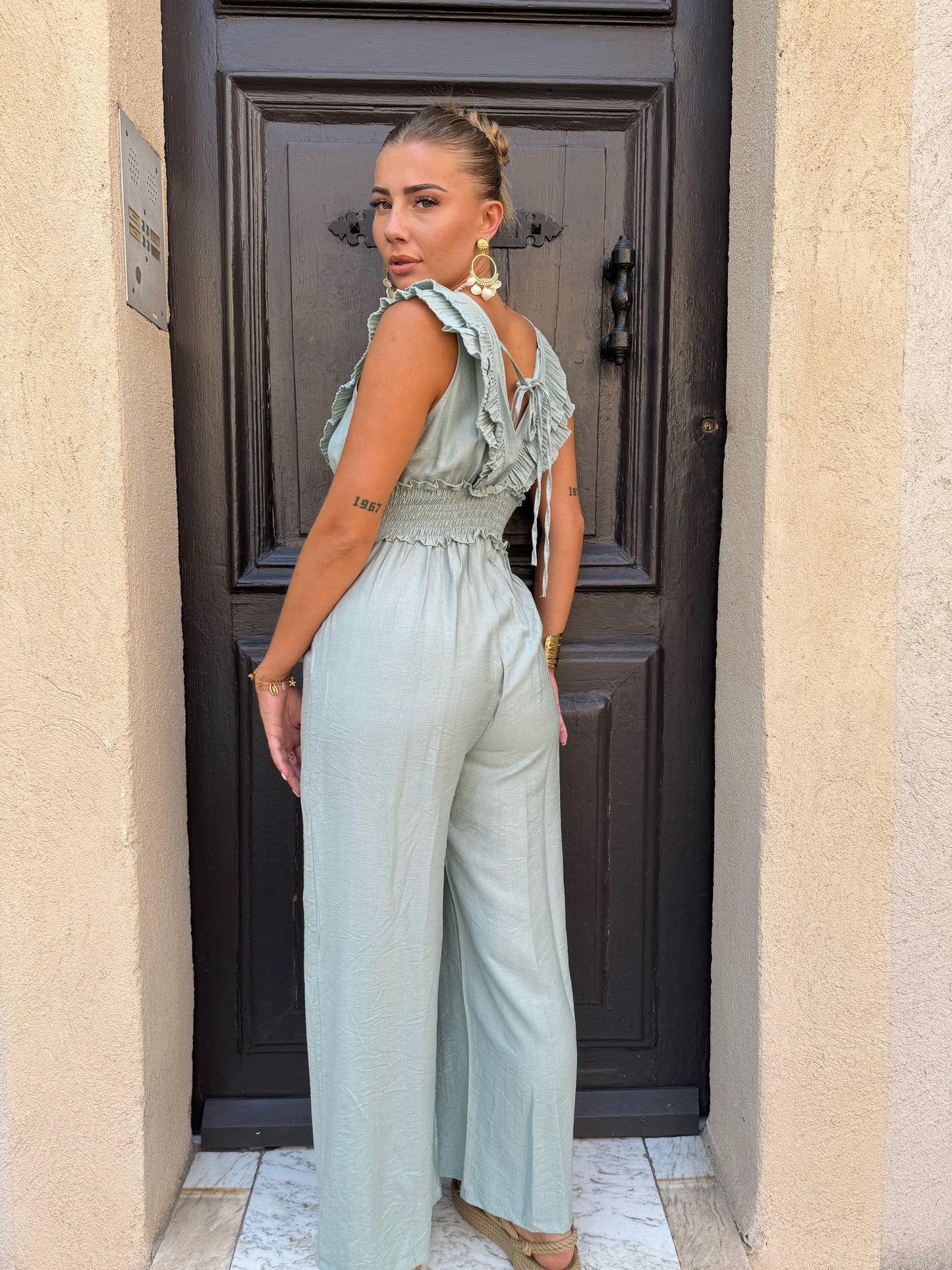 Combinaison Pantalon Maxi Décolleté avec Volants - lagon