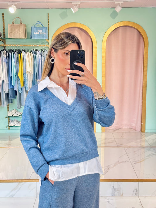 Sweat d’ensemble avec chemise intégrée – bleu denim