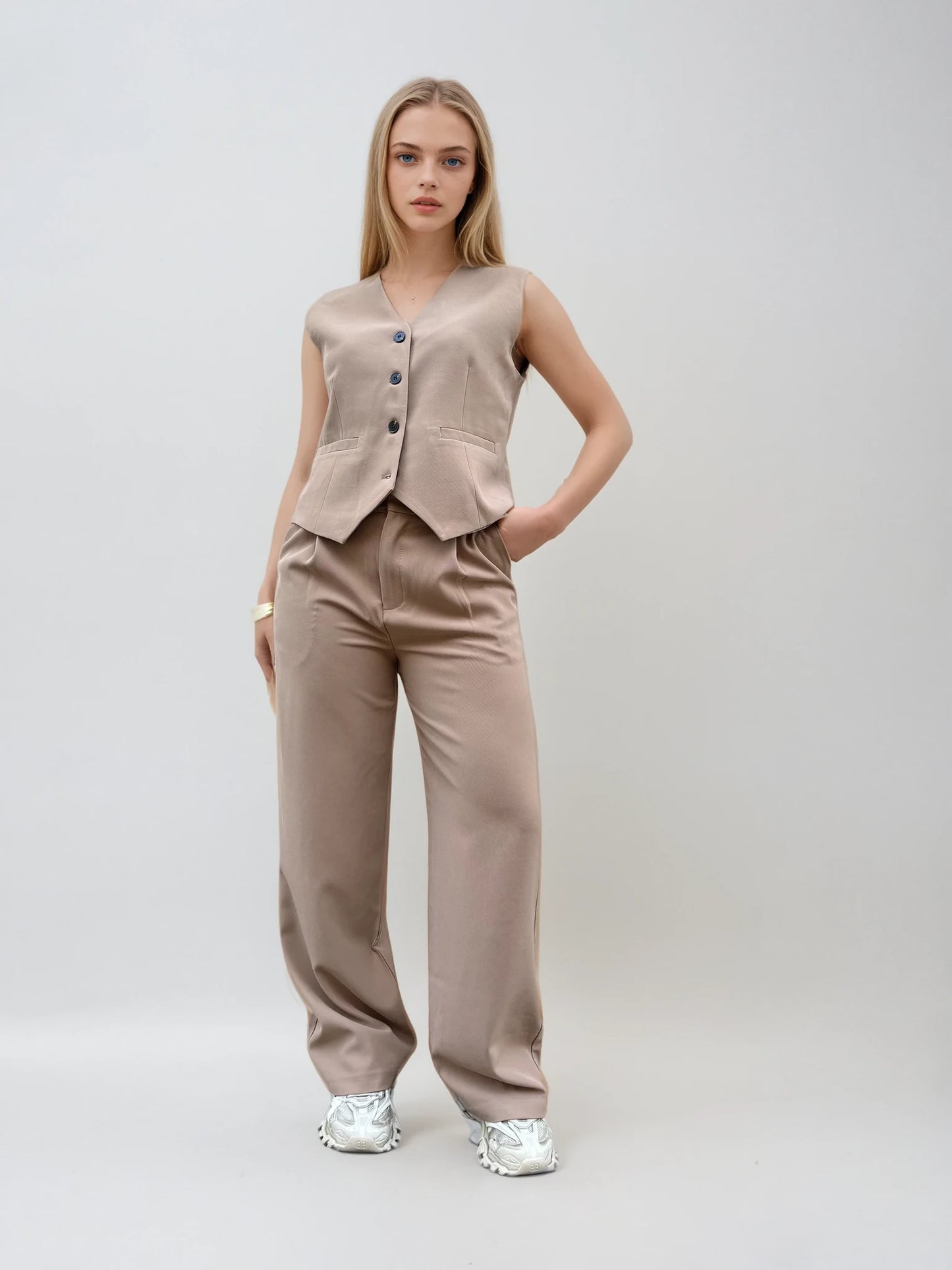 Pantalon Tailleur Camel Loose Taille Haute