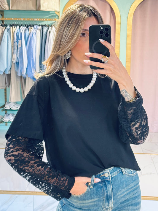 T-shirt Oversize avec Doublure en Dentelle – Noir