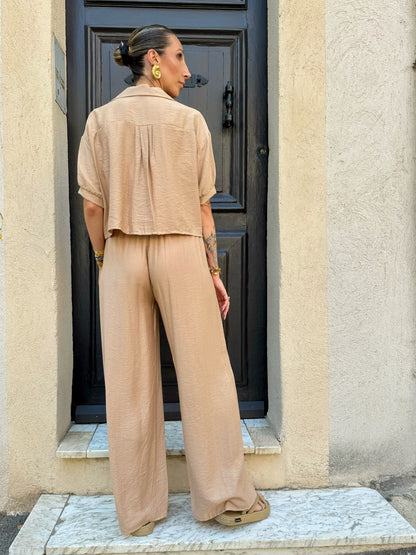 Ensemble blouse saharienne + pantalon ample beige