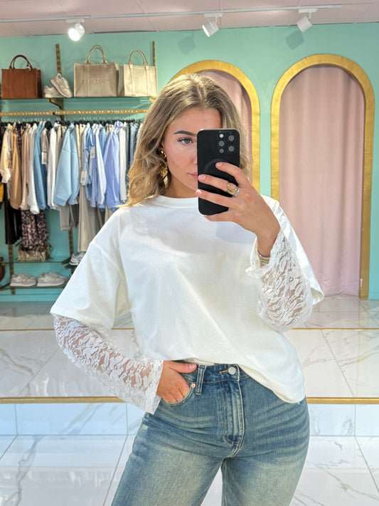 T-shirt Oversize avec Doublure en Dentelle –  Blanc