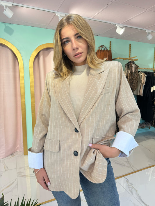 Veste Tailleur Oversize beige à Rayures avec Revers Blanc